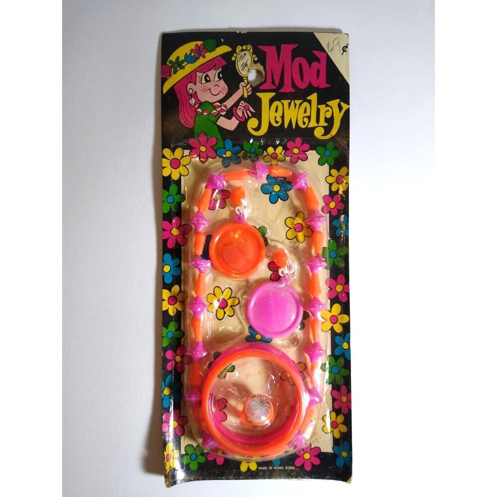Mod Jewelry SEALED Retro Vintage Set Ear Rings Necklace Sealed Hong Kong 1970's